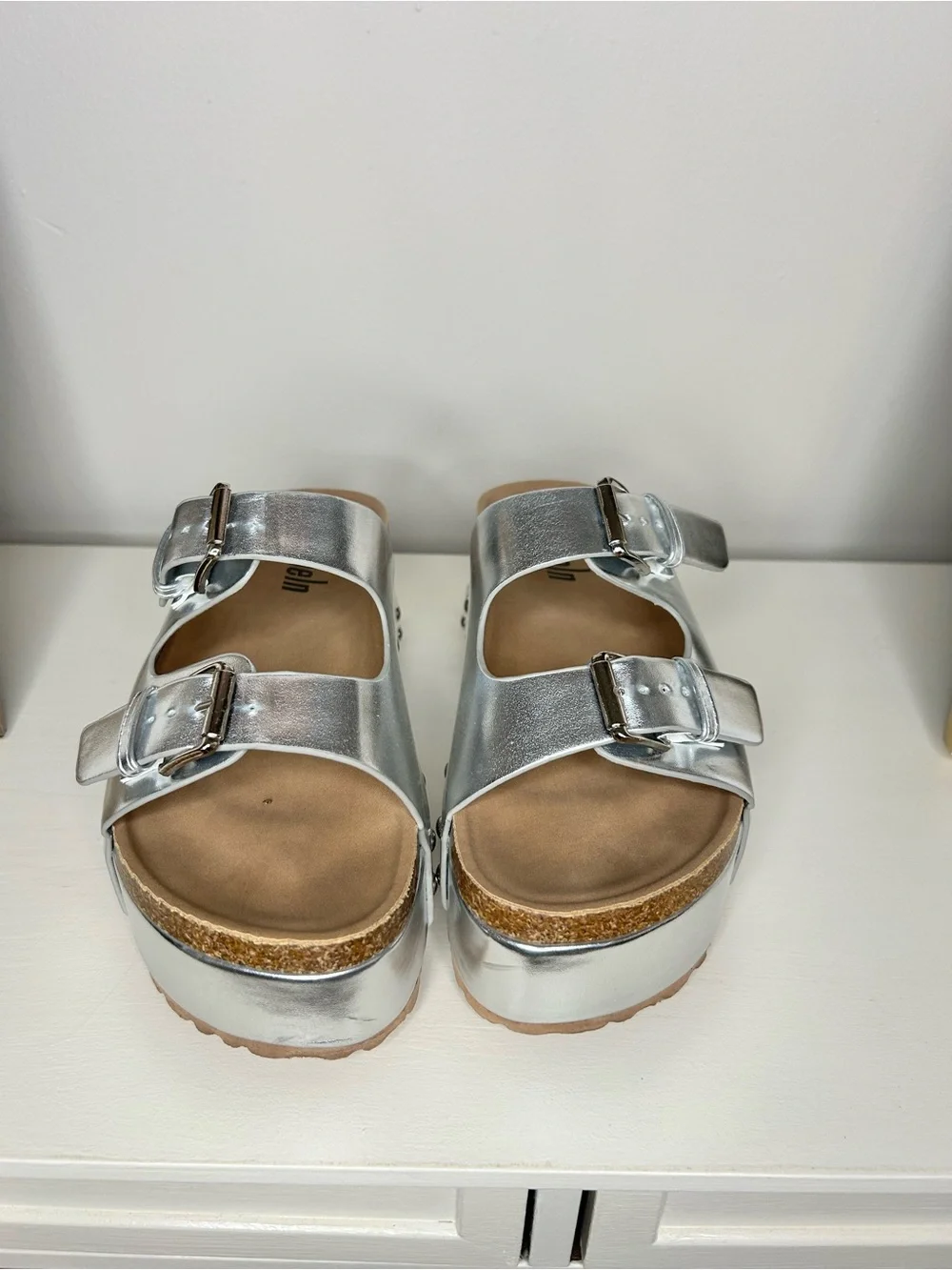 NEW Metallic Silver Double-Buckle Slide Sandal